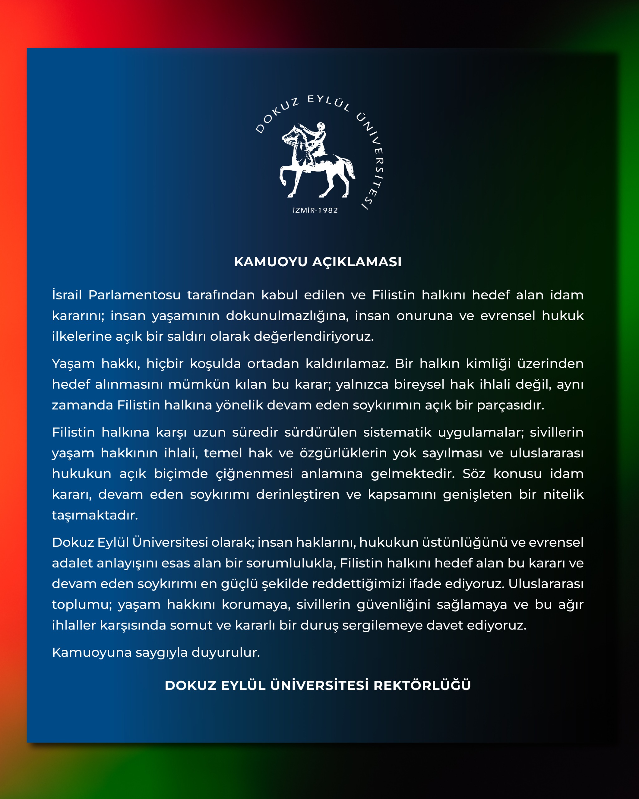 Dokuz Eylül Üniversitesi'nden Filistin Halkını Hedef Alan Karara Sert Tepki