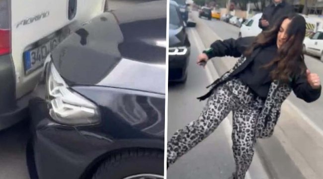 Trafikte akılalmaz kavga: Çaptığı aracı tekmeleyip sürücüsüne tehditler savurdu